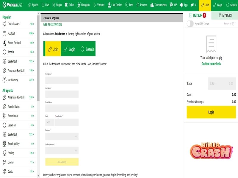 Anmeldung bei Premier Bet Casino